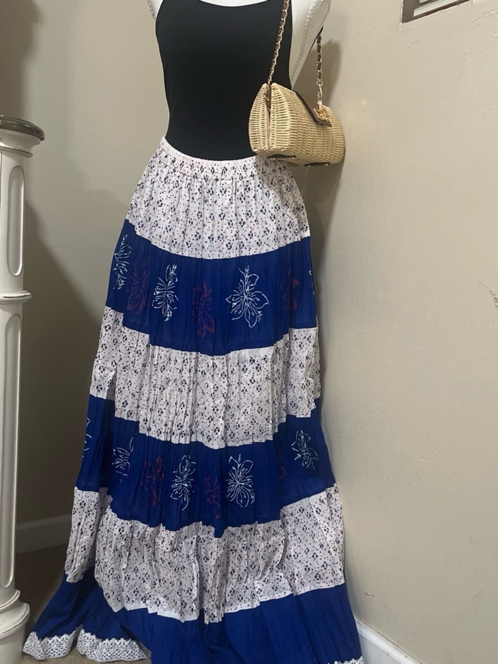 Tiered Floral Maxi Skirt in Blue and White